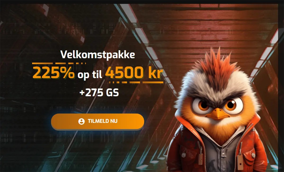 Danish-language casino promotional banner highlighting a welcome package of 225% up to 4500 kr plus 275 free spins, featuring a “Tilmeld nu” (Sign Up Now) call-to-action button, set against a futuristic corridor background and accompanied by a stylized bird mascot with spiky orange feathers wearing a jacket, reinforcing a bold gaming-themed visual.