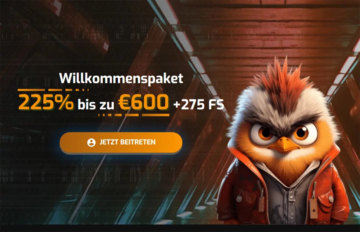 German-language casino promotional banner highlighting a welcome package of 225% up to €600 plus 275 free spins, featuring a “Jetzt beitreten” (Join Now) call-to-action button, set in a futuristic corridor background and accompanied by a stylized bird mascot with spiky orange feathers wearing a jacket, reinforcing a bold gaming-themed design.