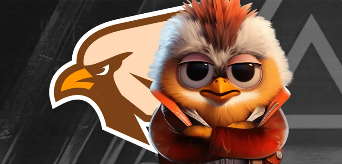 Stylized cartoon bird mascot with a mohawk hairstyle and a red jacket, standing with folded arms in front of a large eagle logo. The character has a confident, slightly mischievous expression and appears designed as a brand mascot or gaming/esports character.