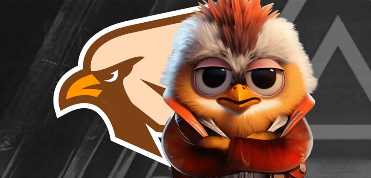 Stylized cartoon bird mascot with a mohawk hairstyle and a red jacket, standing with folded arms in front of a large eagle logo. The character has a confident, slightly mischievous expression and appears designed as a brand mascot or gaming/esports character.