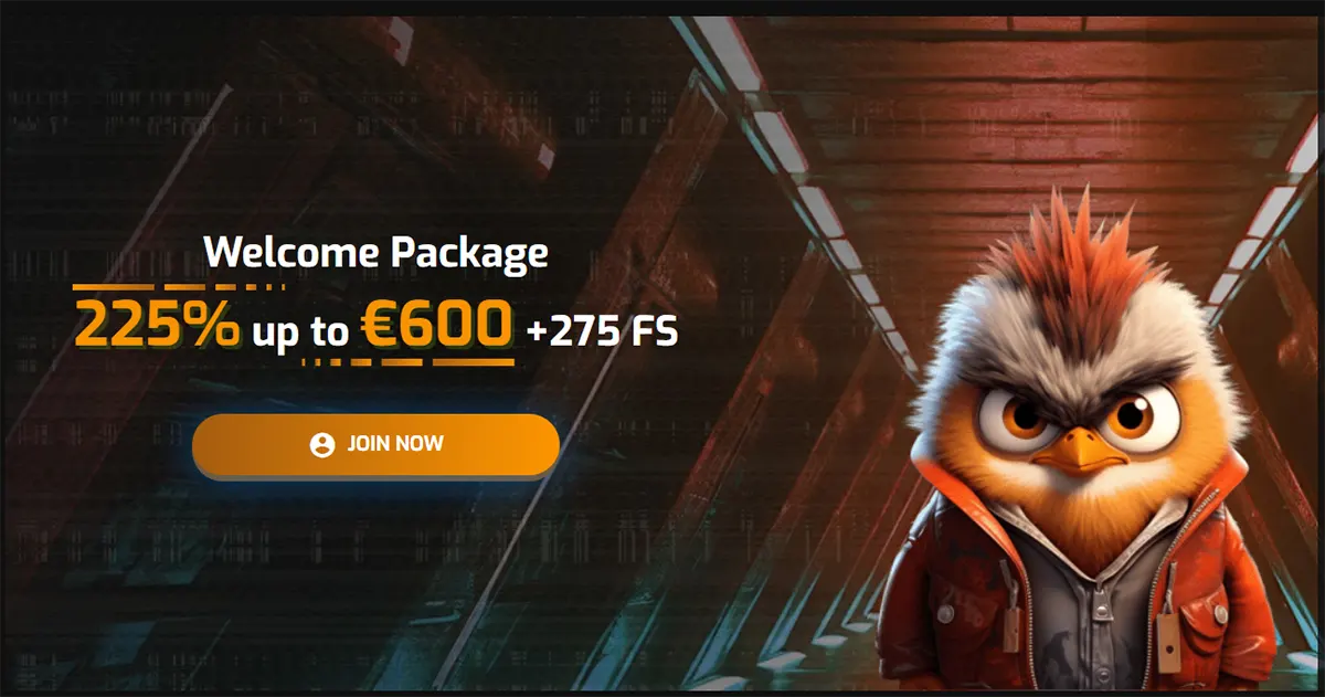 Casino promotional banner featuring a welcome package offer of 225% up to €600 plus 275 free spins, with a “Join Now” call-to-action button, set against a futuristic corridor background and accompanied by a stylized mascot character with spiky orange feathers wearing a jacket, emphasizing a bold gaming-themed design.