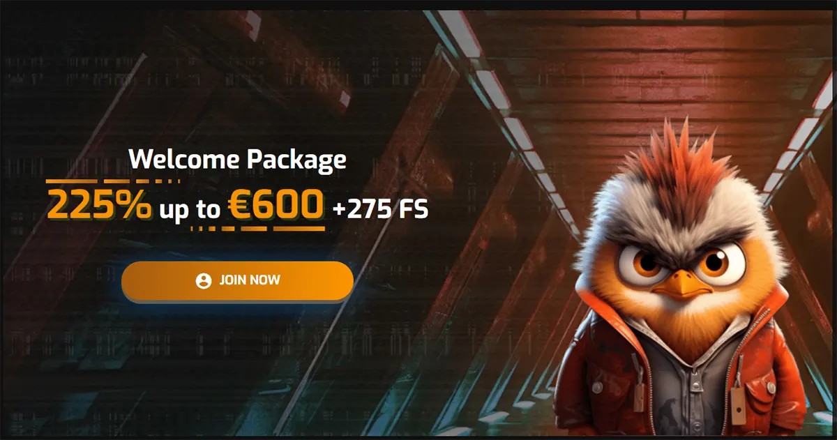 Casino promotional banner featuring a welcome package offer of 225% up to €600 plus 275 free spins, with a “Join Now” call-to-action button, set against a futuristic corridor background and accompanied by a stylized mascot character with spiky orange feathers wearing a jacket, emphasizing a bold gaming-themed design.