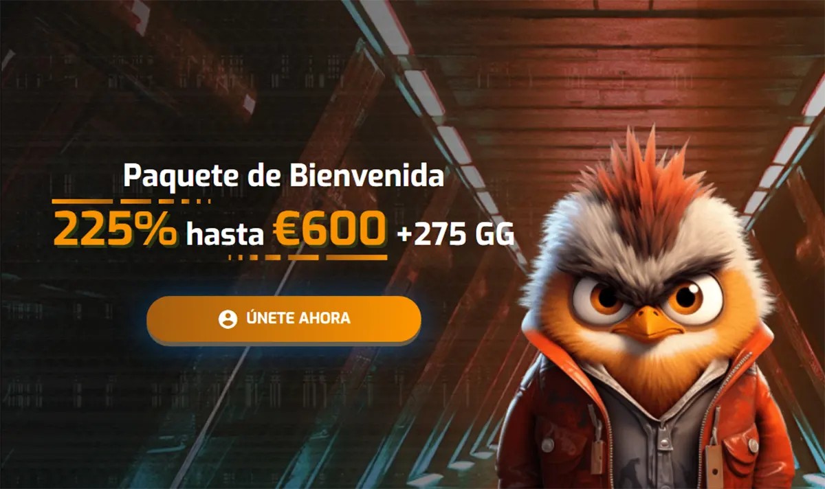 Spanish-language casino promotional banner highlighting a welcome package of 225% up to €600 plus 275 free spins, featuring an “Únete ahora” (Join Now) call-to-action button, set in a futuristic corridor-style background and accompanied by a stylized bird mascot with spiky orange feathers wearing a jacket, creating a bold gaming-themed visual.