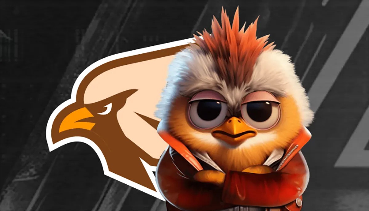 Stylized cartoon bird mascot with spiky orange feathers and crossed arms wearing a red jacket, standing in front of a large eagle-style emblem, used as a gaming brand or casino character illustration with a confident, slightly mischievous expression.