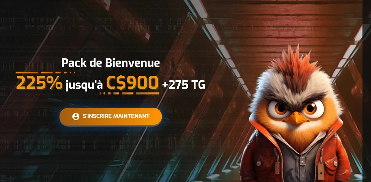 Casino promotional banner in French presenting a welcome package of 225% up to C$900 plus 275 free spins, featuring a “S’inscrire maintenant” (Sign Up Now) call-to-action button, set in a futuristic tunnel-style background and accompanied by a stylized bird mascot with spiky orange feathers wearing a jacket, creating a bold gaming-themed visual.