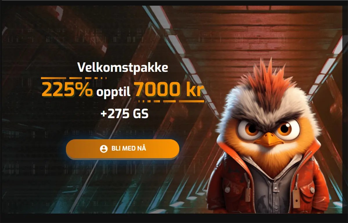 Norwegian-language casino promotional banner highlighting a welcome package of 225% up to 7000 kr plus 275 free spins, featuring a “Bli med nå” (Join Now) call-to-action button, set in a futuristic corridor-style background and accompanied by a stylized bird mascot with spiky orange feathers wearing a jacket, creating a bold gaming-themed visual.