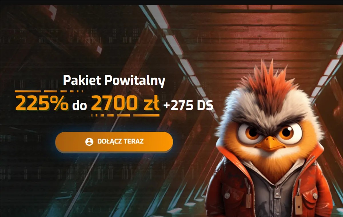 Polish-language casino promotional banner highlighting a welcome package of 225% up to 2700 zł plus 275 free spins, featuring a “Dołącz teraz” (Join Now) call-to-action button, set in a futuristic corridor-style background and accompanied by a stylized bird mascot with spiky orange feathers wearing a jacket, creating a bold gaming-themed visual.