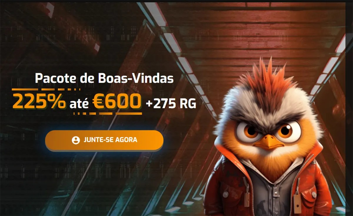 Portuguese-language casino promotional banner highlighting a welcome package of 225% up to €600 plus 275 free spins, featuring a “Junte-se agora” (Join Now) call-to-action button, set in a futuristic corridor-style background and accompanied by a stylized bird mascot with spiky orange feathers wearing a jacket, creating a bold gaming-themed visual.