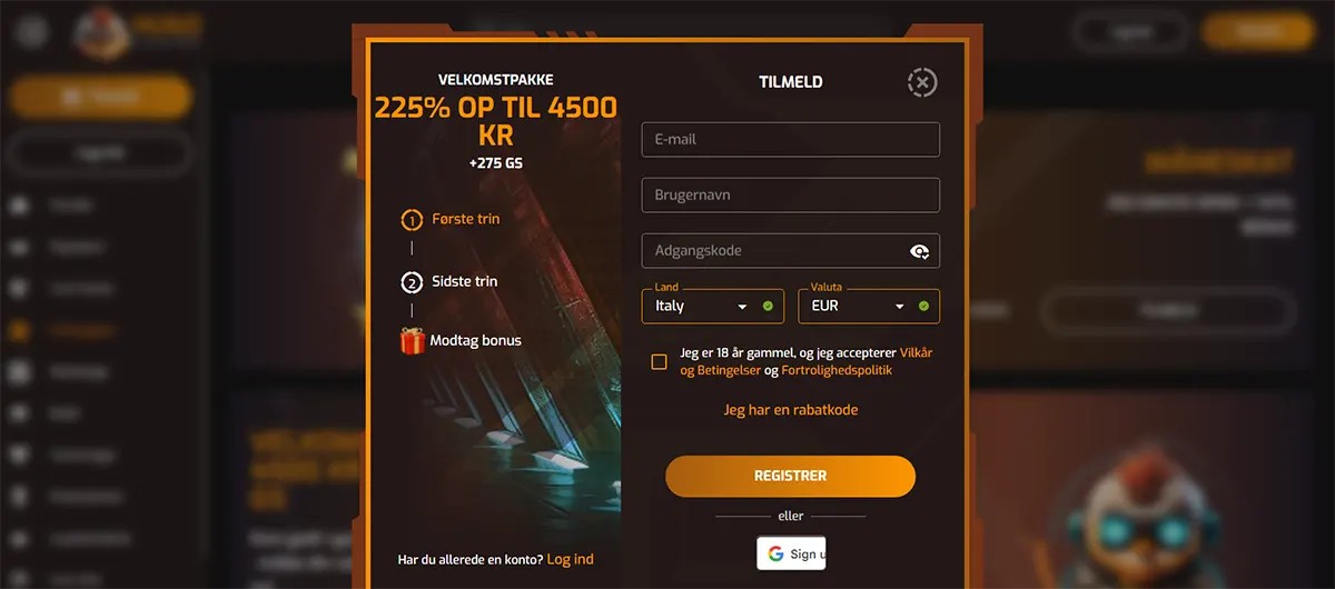 Danish-language online casino registration popup presenting a welcome package of 225% up to 4500 KR plus 275 free spins, with a sign-up form that includes fields for email, username, password, country (Italy), and currency (EUR). The interface also includes an 18+ confirmation checkbox with acceptance of terms and privacy policy, a promo code option, a “Registrer” (Register) button, and a Google sign-in alternative.