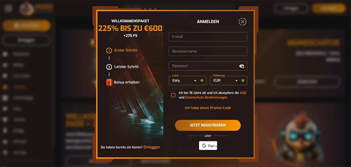 German-language online casino registration popup presenting a welcome package of 225% up to €600 plus 275 free spins, with a sign-up form including fields for email, username, password, country (Italy), and currency (EUR). The interface also includes an 18+ confirmation checkbox with acceptance of Terms and Privacy Policy, a promo code option, a “Jetzt registrieren” (Register Now) button, and a Google sign-in alternative.