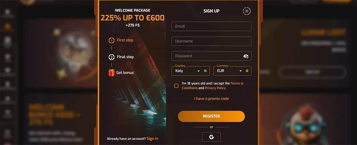 Online casino registration popup displaying a welcome package offer of 225% up to €600 plus 275 free spins, with a sign-up form that includes fields for email, username, password, country (Italy), and currency (EUR), along with a checkbox confirming age (18+) and acceptance of the Terms & Conditions and Privacy Policy, a promo code option, and a Register button with Google sign-in alternative.