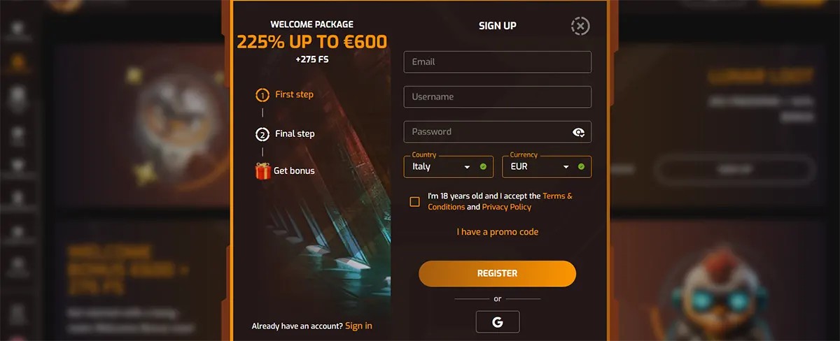 Online casino registration popup displaying a welcome package offer of 225% up to €600 plus 275 free spins, with a sign-up form that includes fields for email, username, password, country (Italy), and currency (EUR), along with a checkbox confirming age (18+) and acceptance of the Terms & Conditions and Privacy Policy, a promo code option, and a Register button with Google sign-in alternative.