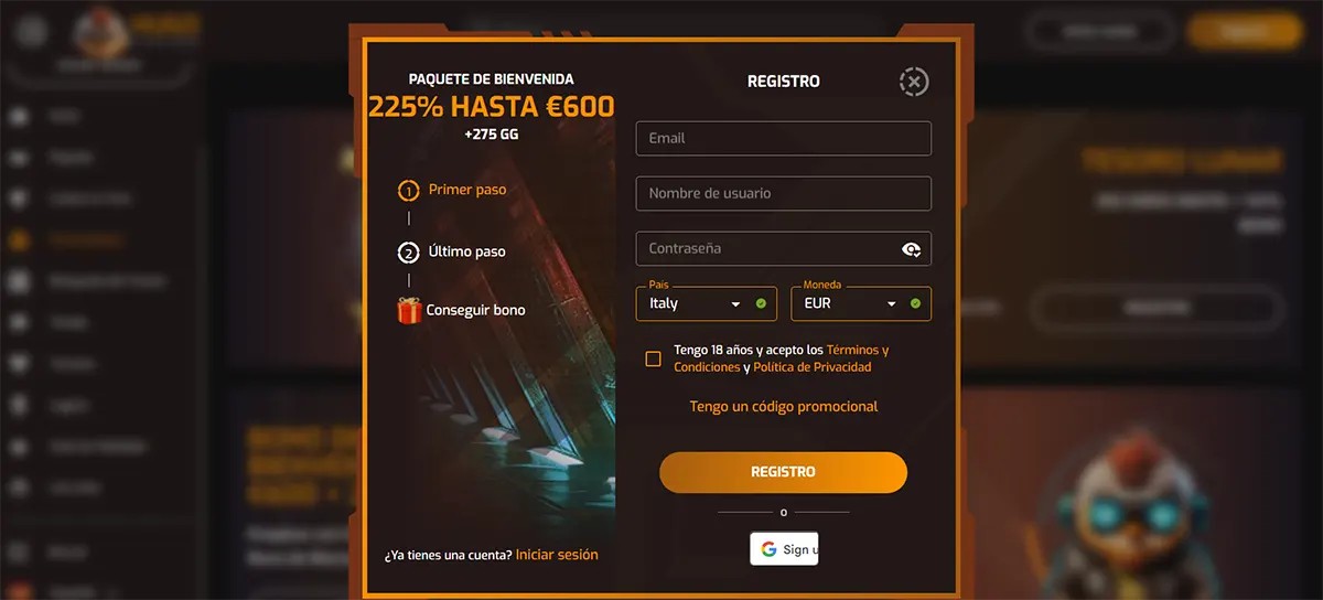 Spanish-language online casino registration popup presenting a welcome package of 225% up to €600 plus 275 free spins, with a sign-up form including fields for email, username, password, country (Italy), and currency (EUR). The interface also includes an 18+ confirmation checkbox with acceptance of the Terms and Conditions and Privacy Policy, a promo code option, a “Registro” (Register) button, and a Google sign-in alternative.