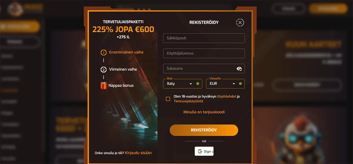 Finnish-language online casino registration popup presenting a welcome package of 225% up to €600 plus 275 free spins, with a sign-up form including fields for email, username, password, country (Italy), and currency (EUR). The interface also features an 18+ confirmation checkbox with acceptance of terms and privacy policy, a promo code option, a “Rekisteröidy” (Register) button, and a Google sign-in alternative.