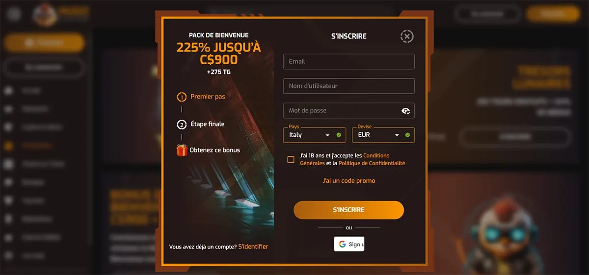 Online casino French-language registration popup presenting a welcome package of 225% up to C$900 plus 275 free spins, with a sign-up form including fields for email, username, password, country (Italy), and currency (EUR), along with a checkbox confirming 18+ age and acceptance of the Terms and Privacy Policy, a promo code option, and a “S’inscrire” (Register) button with Google sign-in alternative.