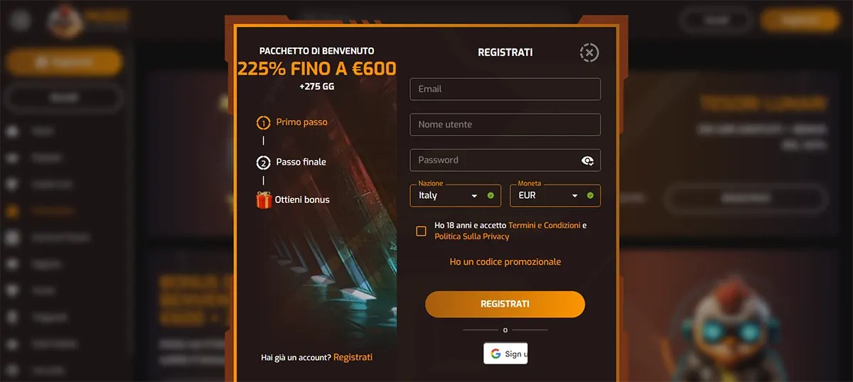 Italian-language online casino registration popup presenting a welcome package of 225% up to €600 plus 275 free spins, with a sign-up form including fields for email, username, password, country (Italy), and currency (EUR). The interface also features an 18+ confirmation checkbox with acceptance of the Terms and Conditions and Privacy Policy, a promo code option, a “Registrati” (Register) button, and a Google sign-in alternative.