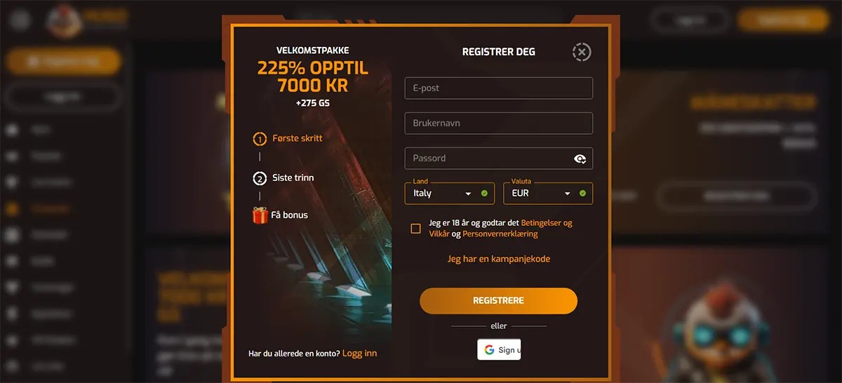 Norwegian-language online casino registration popup presenting a welcome package of 225% up to 7000 kr plus 275 free spins, with a sign-up form including fields for email, username, password, country (Italy), and currency (EUR). The interface also includes an 18+ confirmation checkbox with acceptance of the Terms and Conditions and Privacy Policy, a promo code option, a “Registrere” (Register) button, and a Google sign-in alternative.