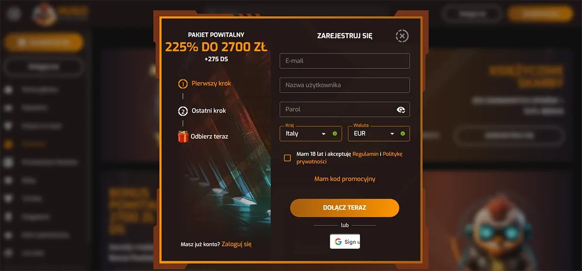 Polish-language online casino registration popup presenting a welcome package of 225% up to 2700 zł plus 275 free spins, with a sign-up form including fields for email, username, password, country (Italy), and currency (EUR). The interface also includes an 18+ confirmation checkbox with acceptance of the Terms and Privacy Policy, a promo code option, a “Dołącz teraz” (Join Now) button, and a Google sign-in alternative.