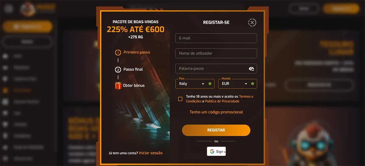 Portuguese-language online casino registration popup presenting a welcome package of 225% up to €600 plus 275 free spins, with a sign-up form including fields for email, username, password, country (Italy), and currency (EUR). The interface also includes an 18+ confirmation checkbox with acceptance of the Terms and Privacy Policy, a promo code option, a “Registar” (Register) button, and a Google sign-in alternative.